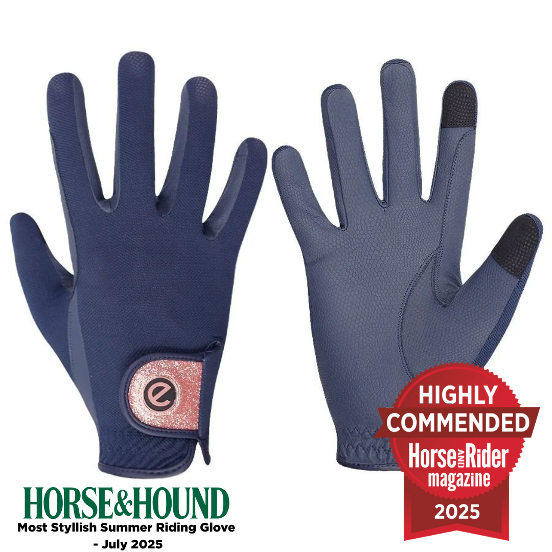 eQUEST GripPro X-LITE Lightweight Equestrian Gloves - Blue & Rose Gold Glitter