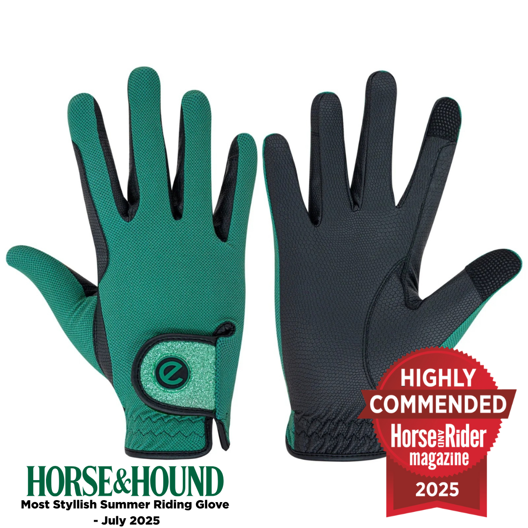 eQUEST GripPro X-LITE Lightweight Equestrian Gloves - Alpine Green - Glitter Cuff