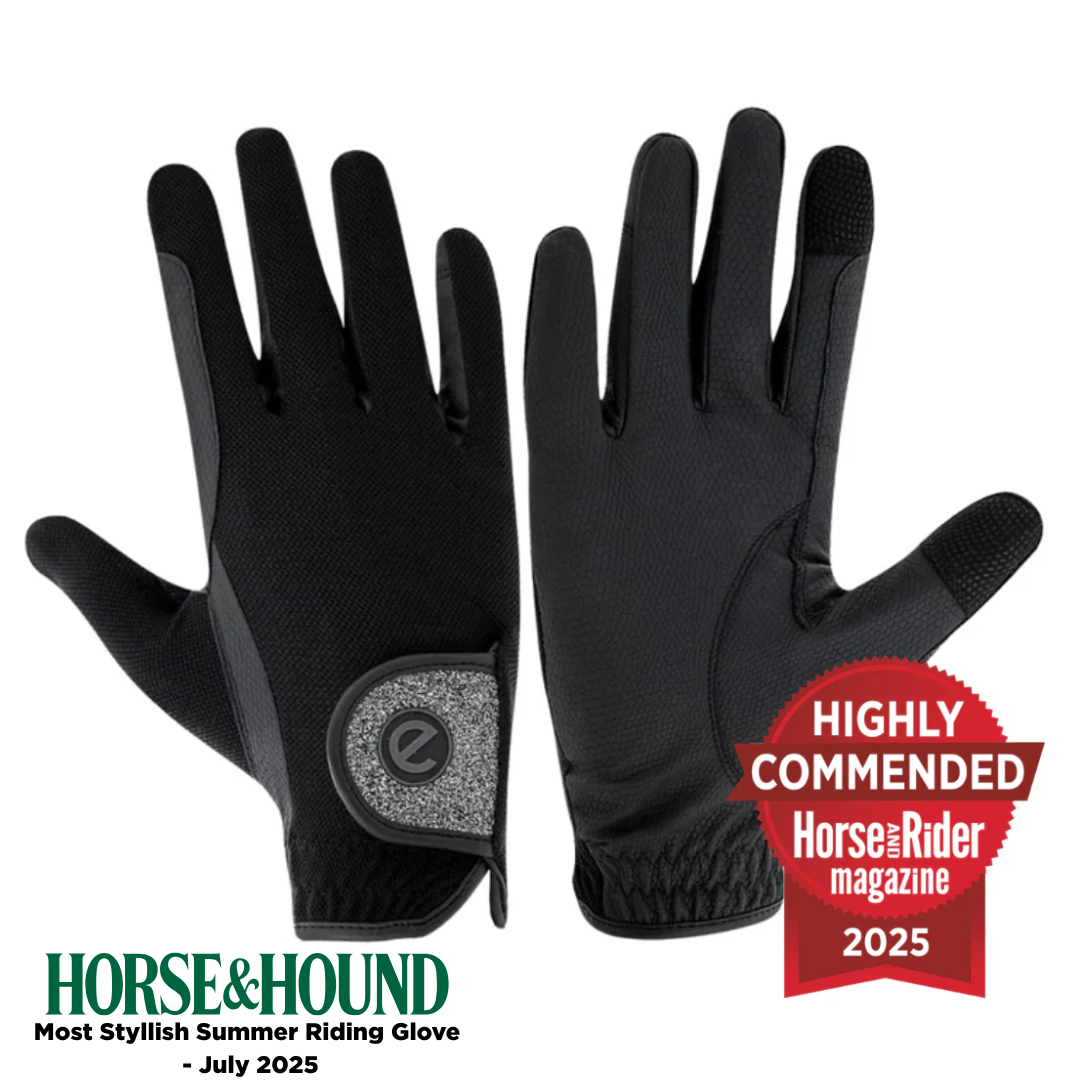 eQUEST GripPro X-LITE Lightweight Equestrian Gloves - Black & Silver Glitter