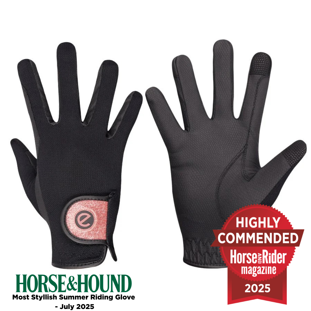 eQUEST GripPro X-LITE Lightweight Equestrian Gloves - Black & Rose Gold Glitter