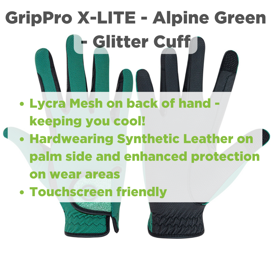 eQUEST GripPro X-LITE Lightweight Equestrian Gloves - Alpine Green - Glitter Cuff