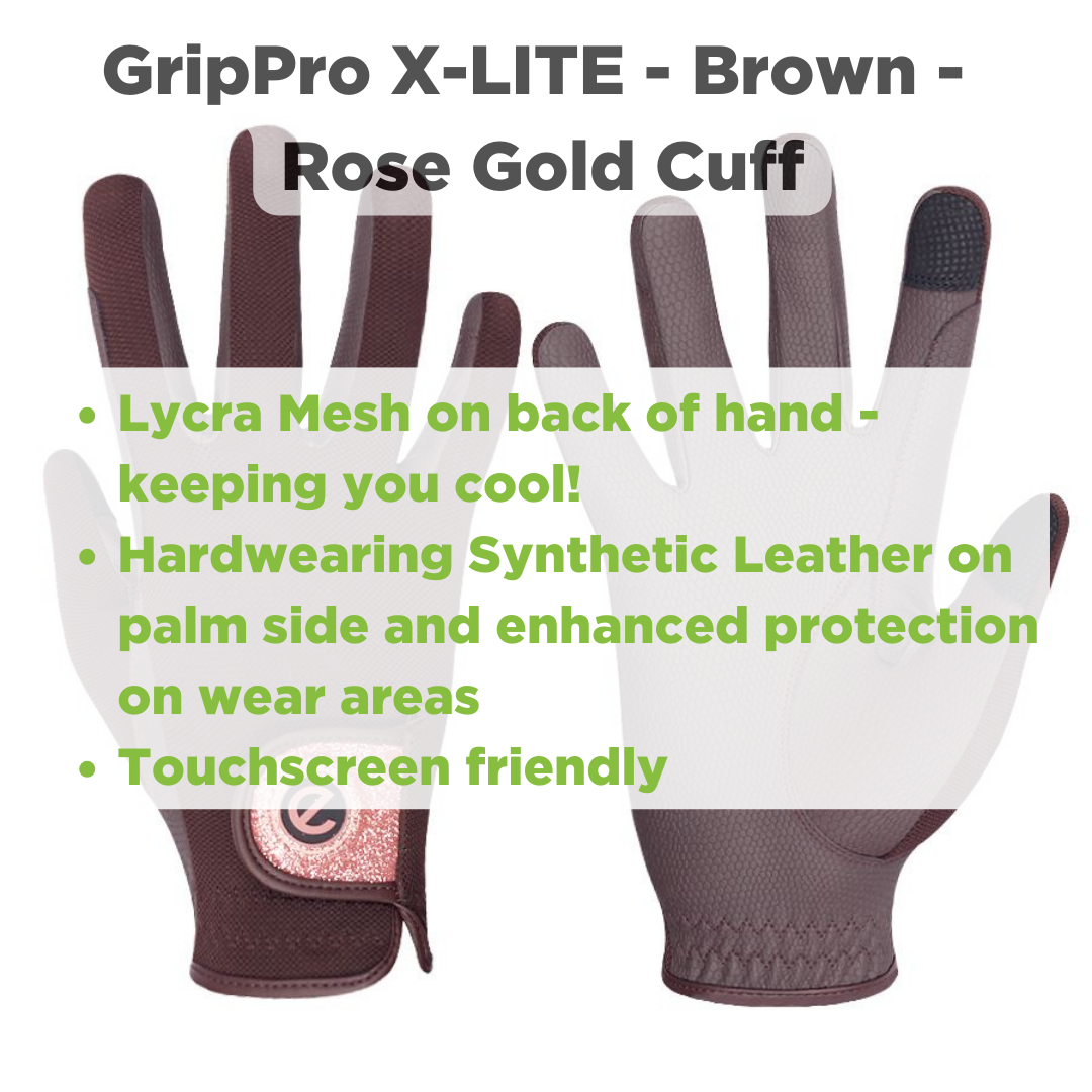 eQUEST GripPro X-LITE Lightweight Equestrian Gloves - Brown & Rose Gold Glitter