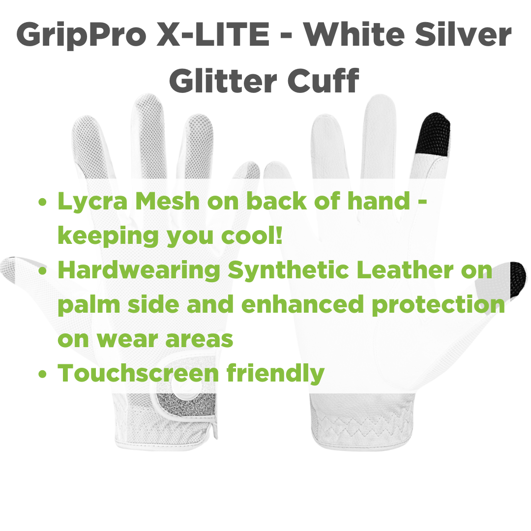 eQUEST GripPro X-LITE Lightweight Equestrian Gloves - White & Silver Glitter