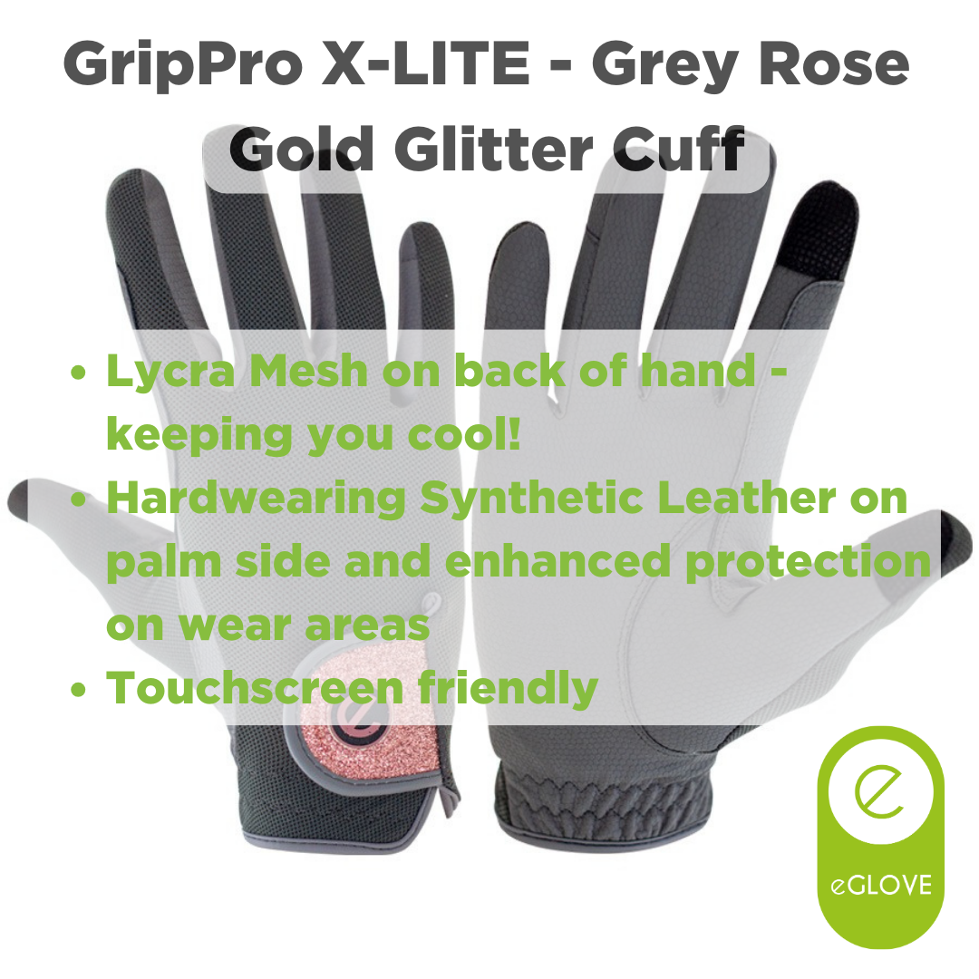 eQUEST GripPro X-LITE Lightweight Equestrian Gloves - Grey & Rose Gold Glitter