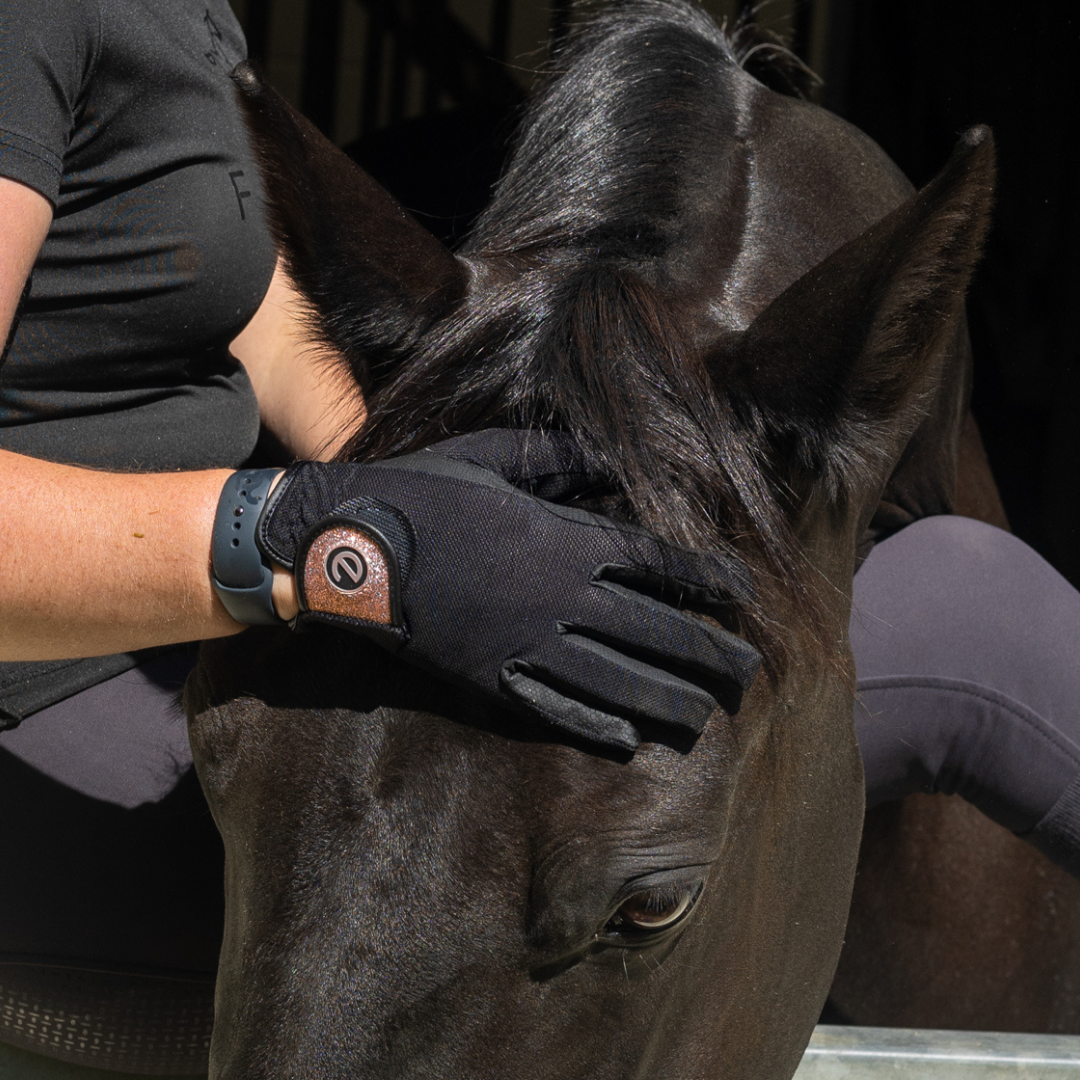 eQUEST GripPro X-LITE Lightweight Equestrian Gloves - Black & Rose Gold Glitter