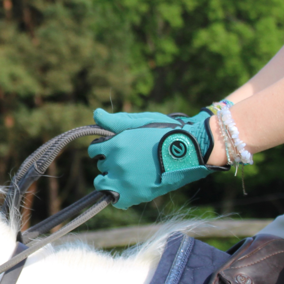 eQUEST GripPro X-LITE Lightweight Equestrian Gloves - Alpine Green - Glitter Cuff