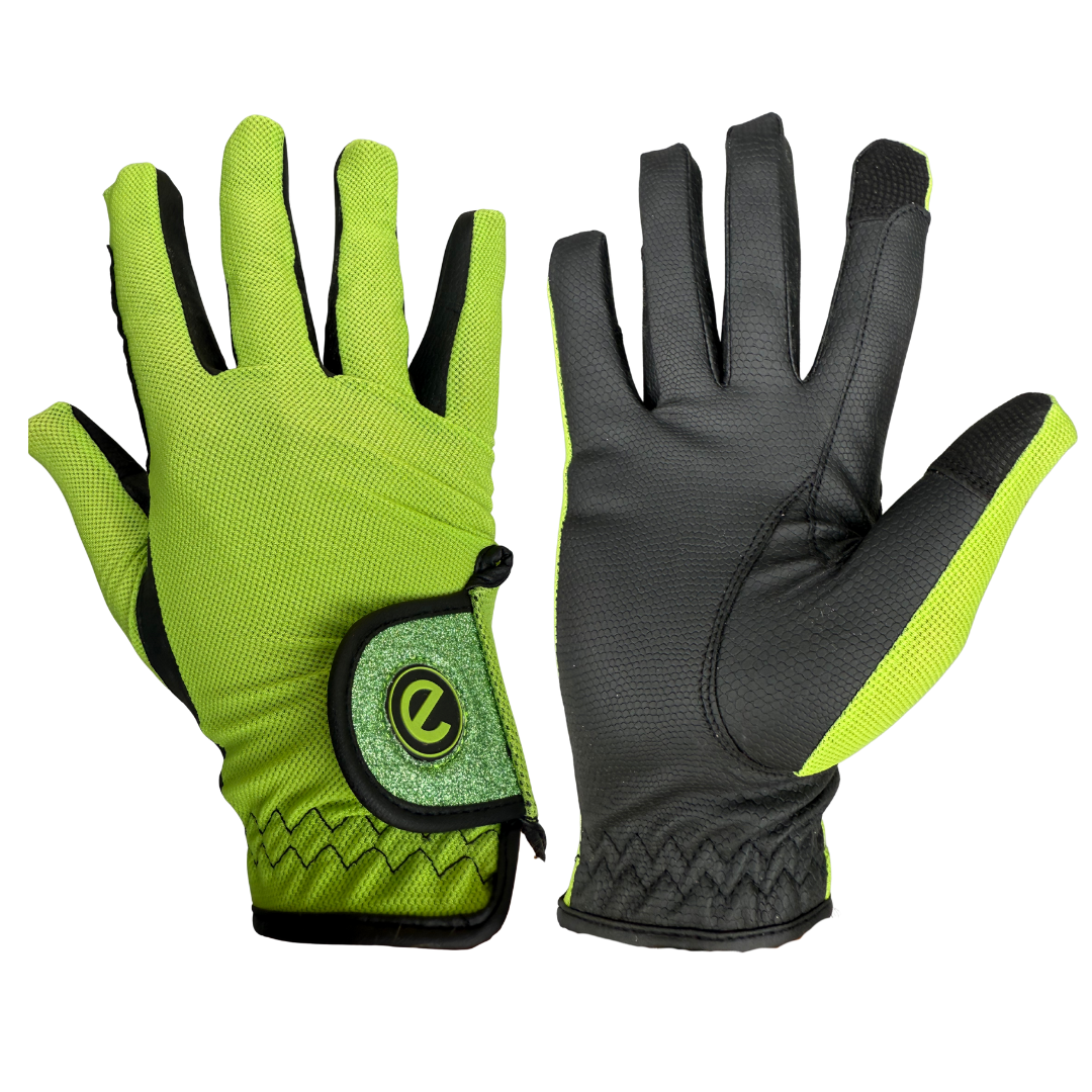 eQUEST GripPro X-LITE Lightweight Equestrian Gloves - Lime Green - Glitter Cuff