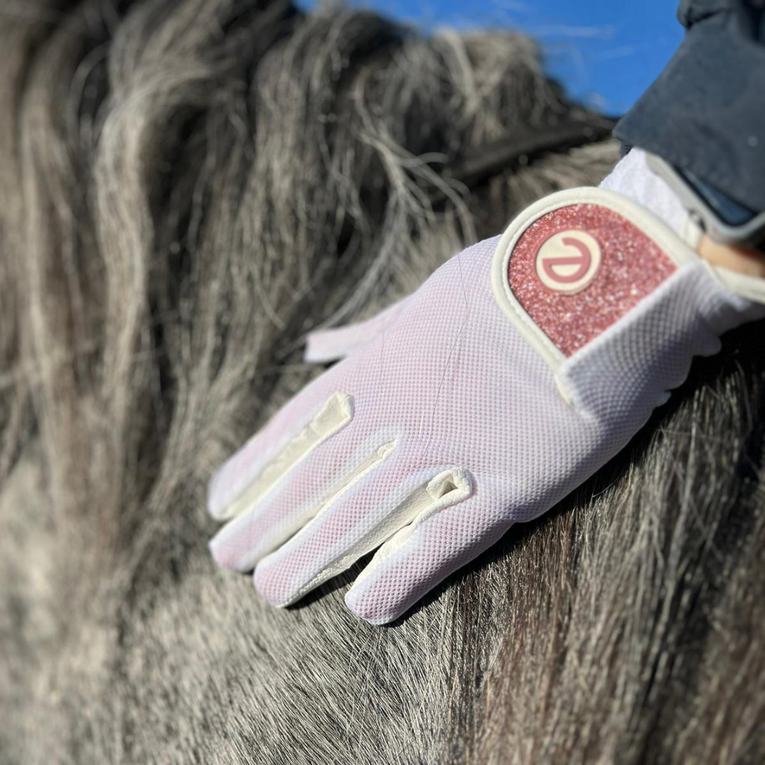 eQUEST GripPro X-LITE Lightweight Equestrian Gloves - White & Rose Gold Glitter