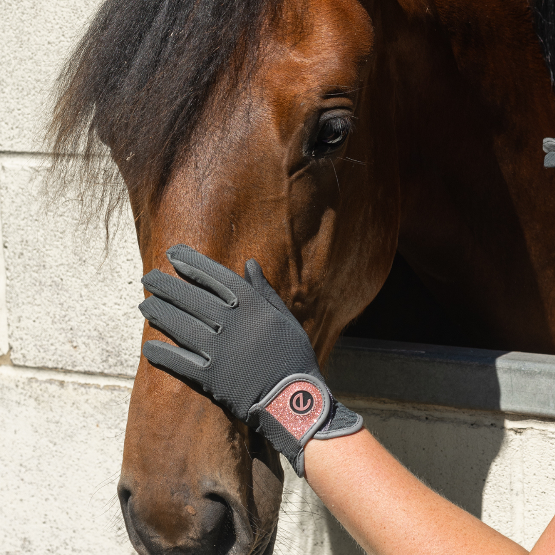 eQUEST GripPro X-LITE Lightweight Equestrian Gloves - Grey & Rose Gold Glitter