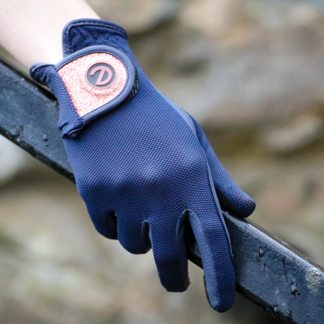 eQUEST GripPro X-LITE Lightweight Equestrian Gloves - Blue & Rose Gold Glitter