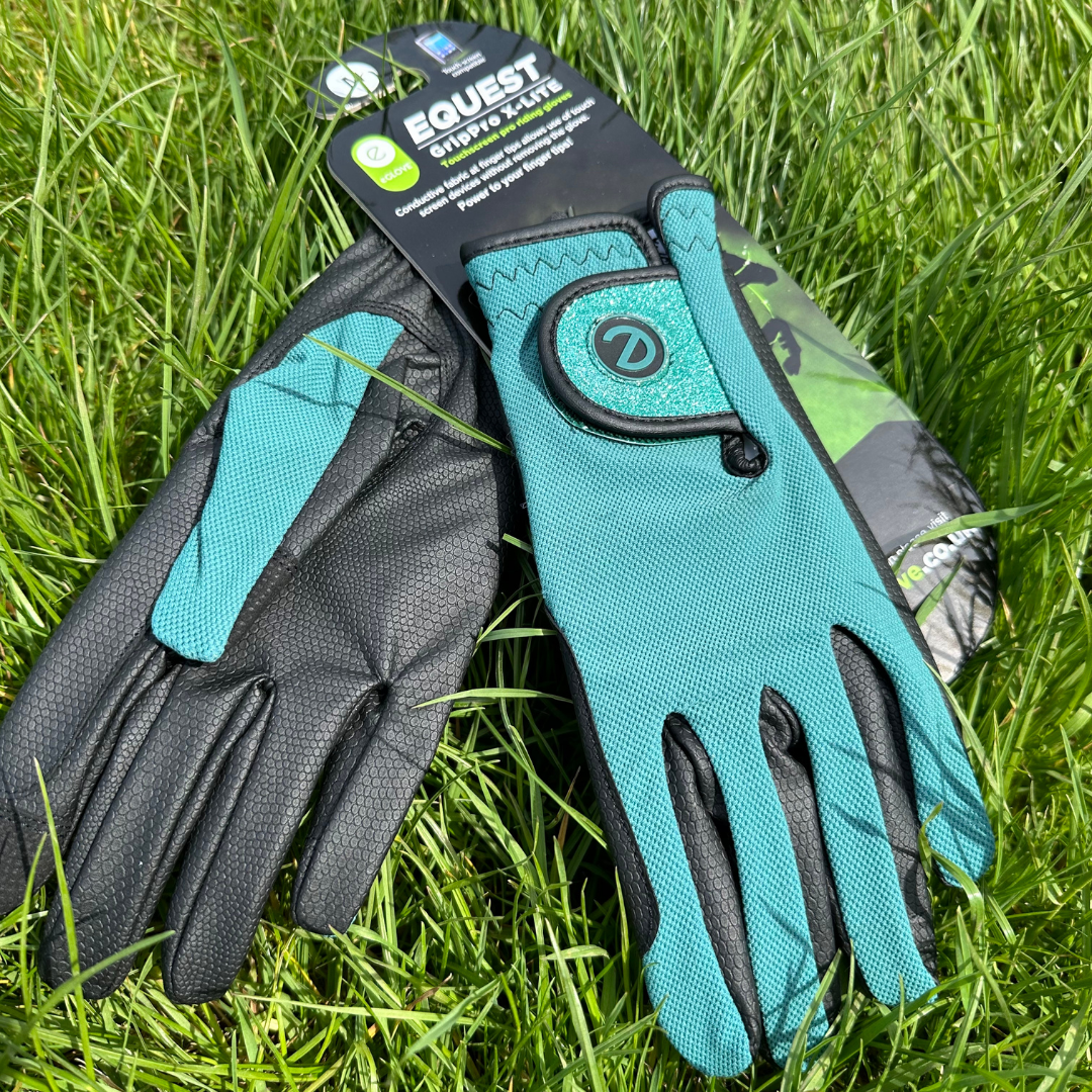 eQUEST GripPro X-LITE Lightweight Equestrian Gloves - Alpine Green - Glitter Cuff