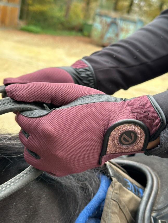 eQUEST GripPro X-LITE Lightweight Equestrian Gloves - Merlot - Glitter Cuff