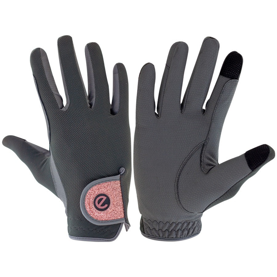 eQUEST GripPro X-LITE Lightweight Equestrian Gloves - Grey & Rose Gold Glitter