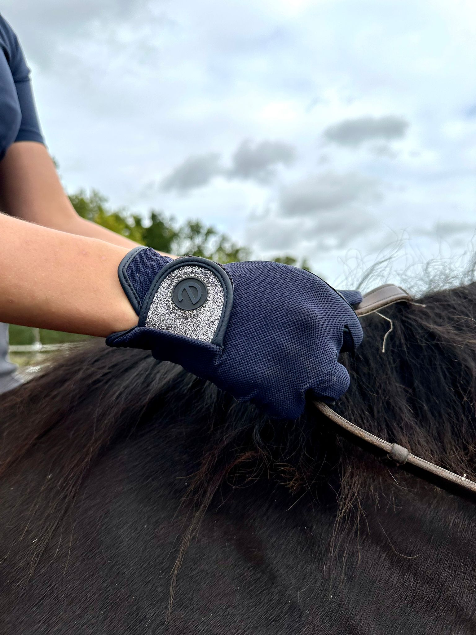 eQUEST GripPro X-LITE Lightweight Equestrian Gloves - Blue & Silver Glitter