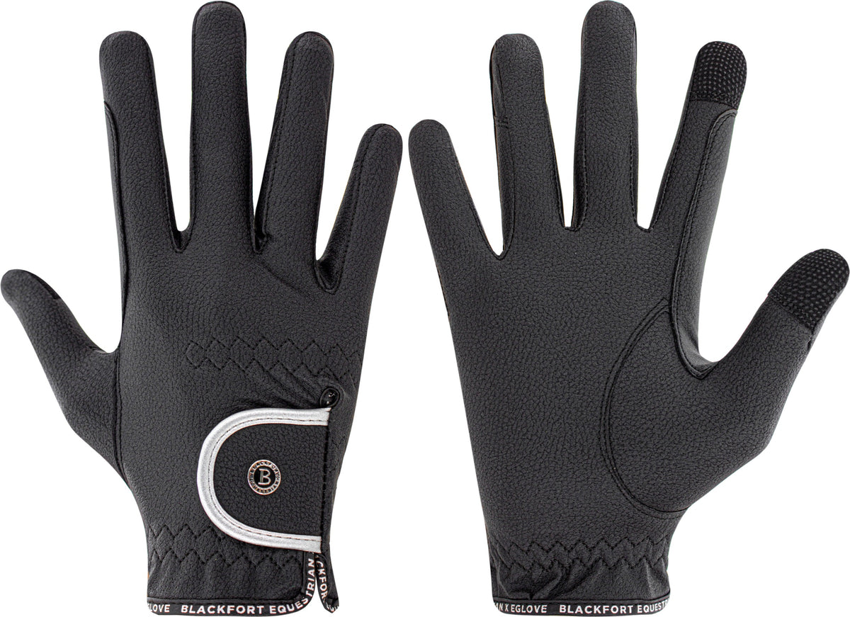 Pair of black eQUEST GripPro Elite x Blackfort Equestrian riding gloves showing silver strap trim, Blackfort B stud, touchscreen fingertips and branded cuff