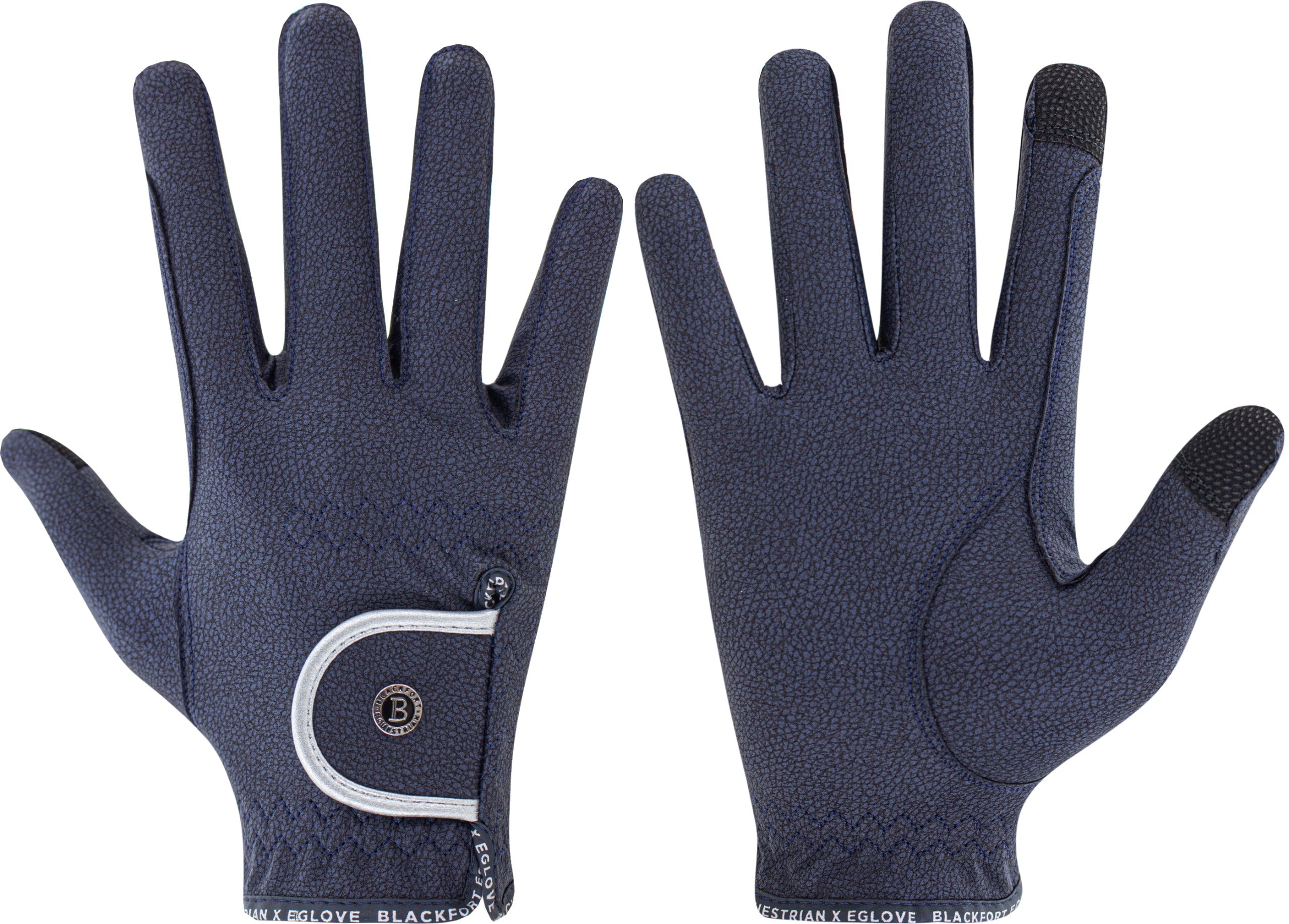 Pair of navy blue eQUEST GripPro Elite x Blackfort Equestrian riding gloves showing silver strap trim, Blackfort B stud, touchscreen fingertips and branded cuff