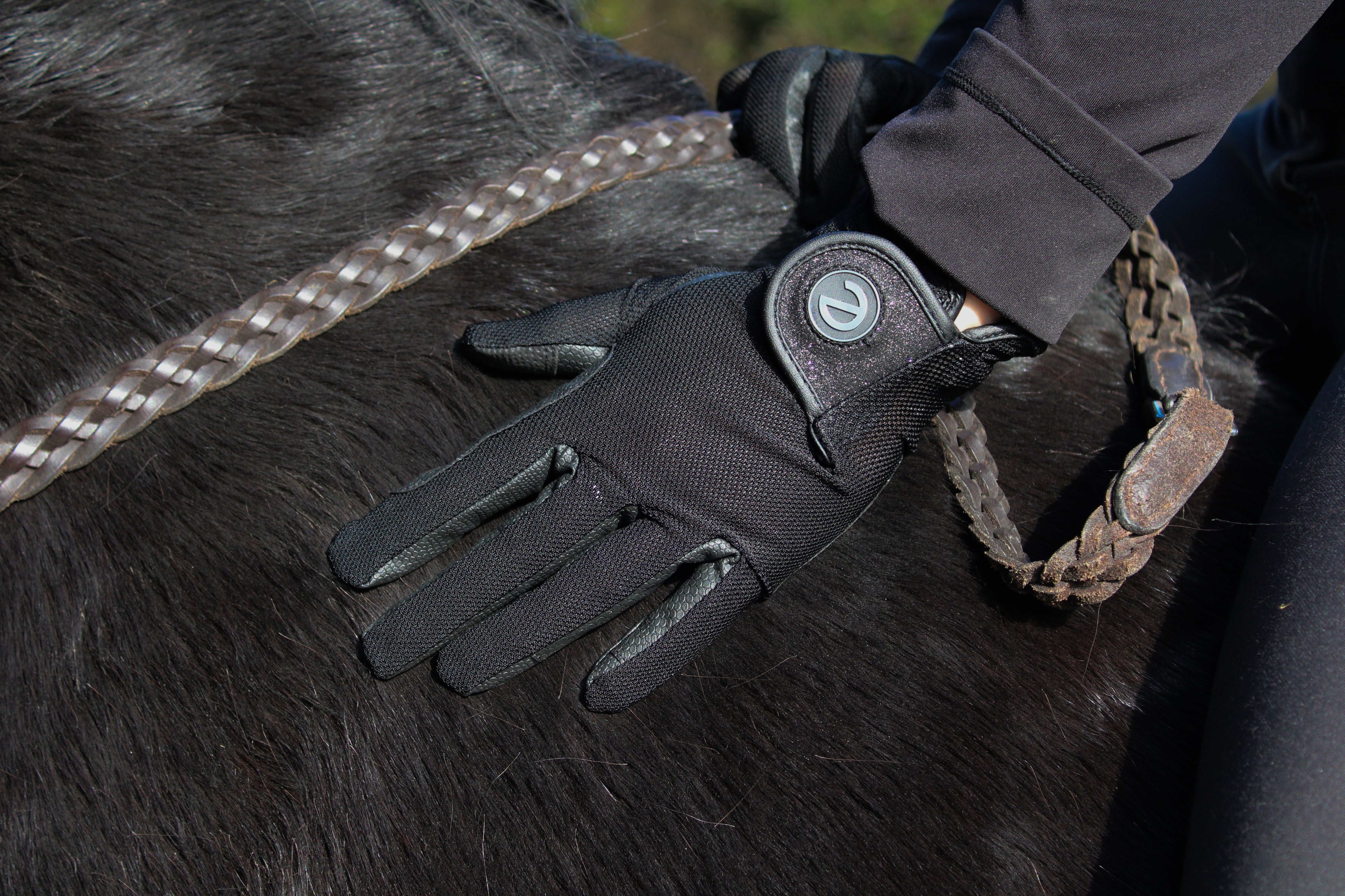 eQUEST GripPro X-LITE Lightweight Equestrian Gloves - Black - Black Glitter Cuff