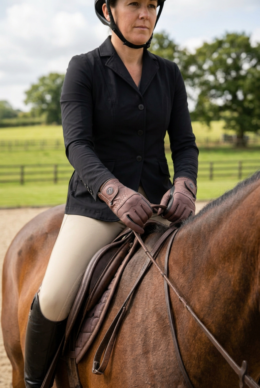 Rider holding the reins naturally while wearing the gloves
