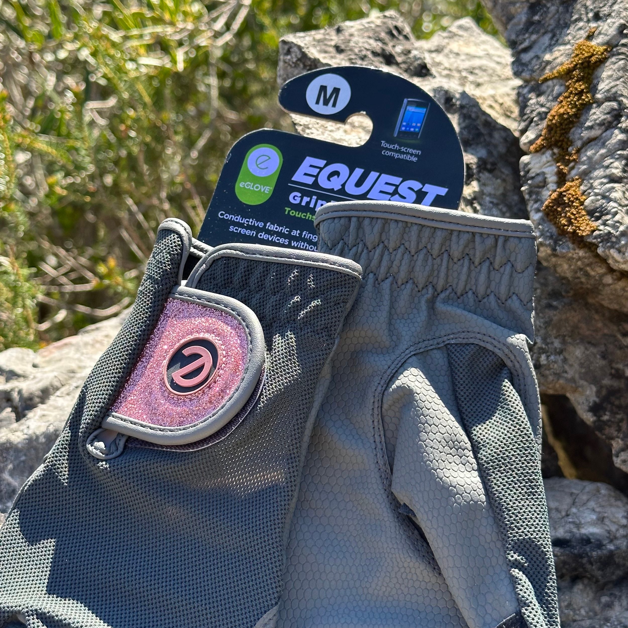 eQUEST GripPro X-LITE Lightweight Equestrian Gloves - Grey & Rose Gold Glitter