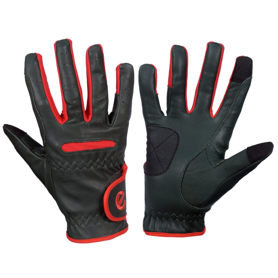eQUEST GripPro LEATHER Equestrian Riding Gloves - Dark Green and Red - RETIREMENT SALE