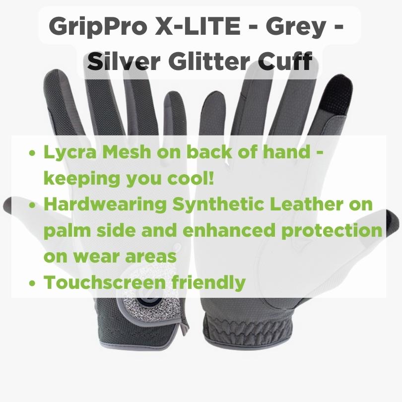 eQUEST GripPro X-LITE Lightweight Equestrian Gloves - Grey & Silver Glitter