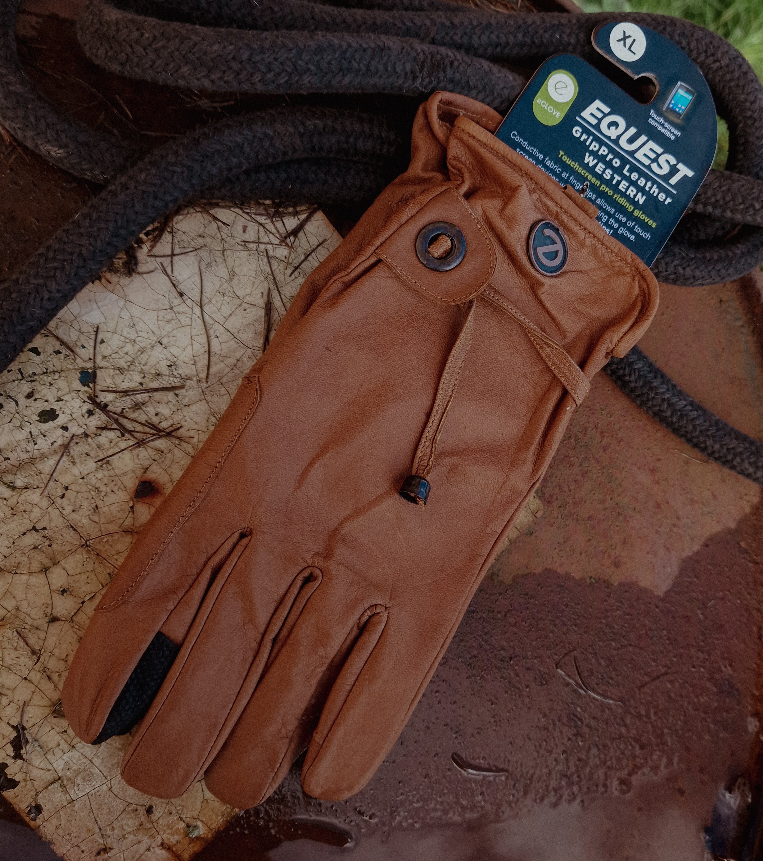 eQUEST GripPro Western Equestrian Riding Gloves - Leather - Unlined - Tan