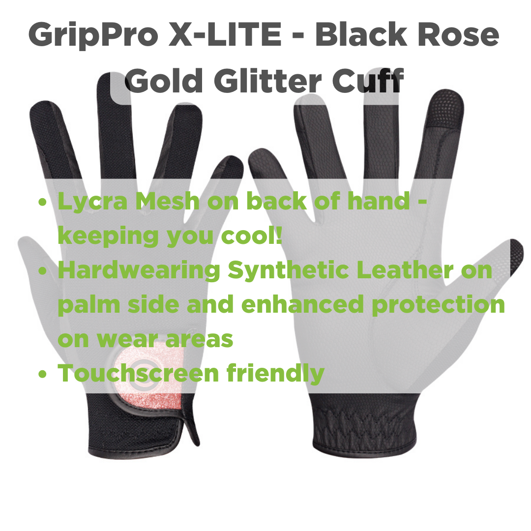eQUEST GripPro X-LITE Lightweight Equestrian Gloves - Black & Rose Gold Glitter