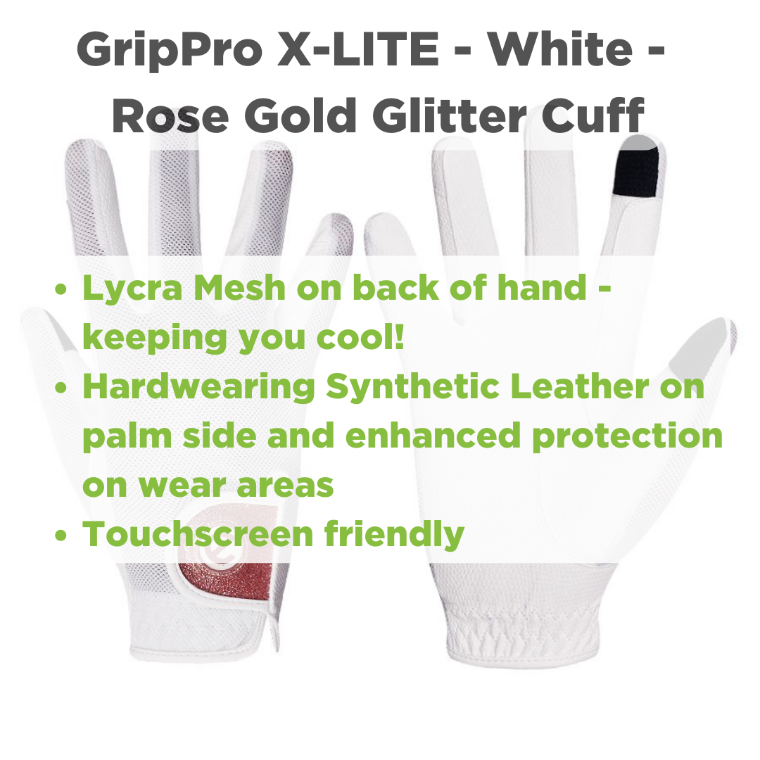 eQUEST GripPro X-LITE Lightweight Equestrian Gloves - White & Rose Gold Glitter