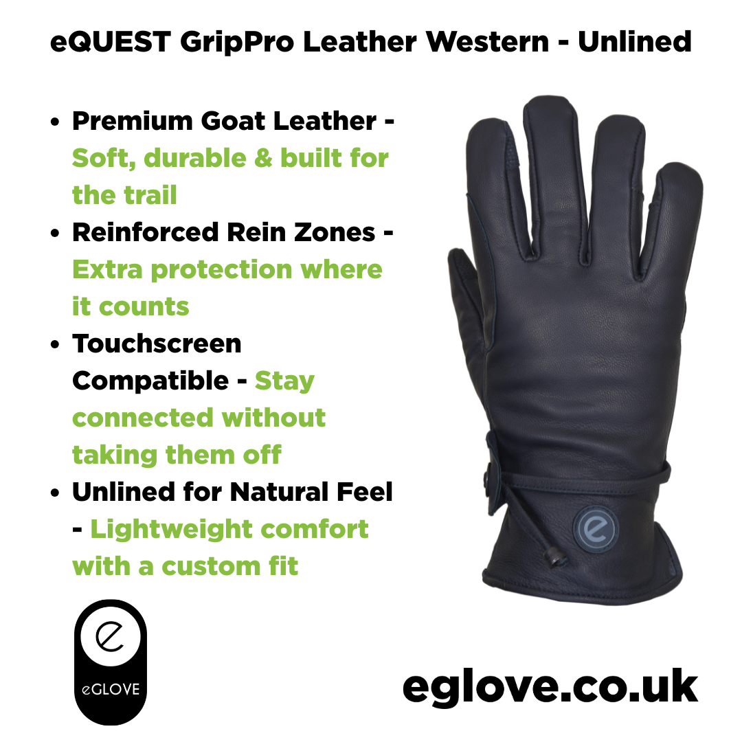 eQUEST GripPro Western Equestrian Riding Gloves - Leather - Unlined - Black