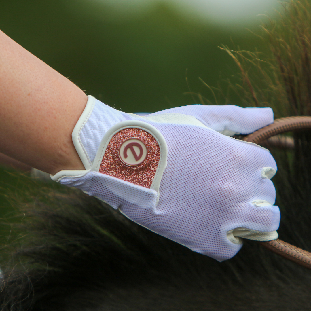 eQUEST GripPro X-LITE Lightweight Equestrian Gloves - White & Rose Gold Glitter