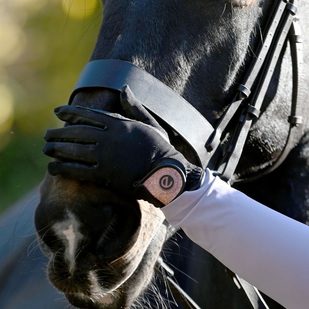 eQUEST GripPro X-LITE Lightweight Equestrian Gloves - Black & Rose Gold Glitter