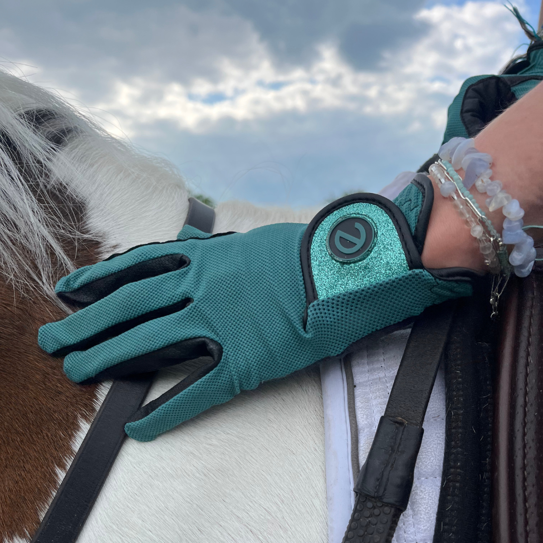 eQUEST GripPro X-LITE Lightweight Equestrian Gloves - Alpine Green - Glitter Cuff