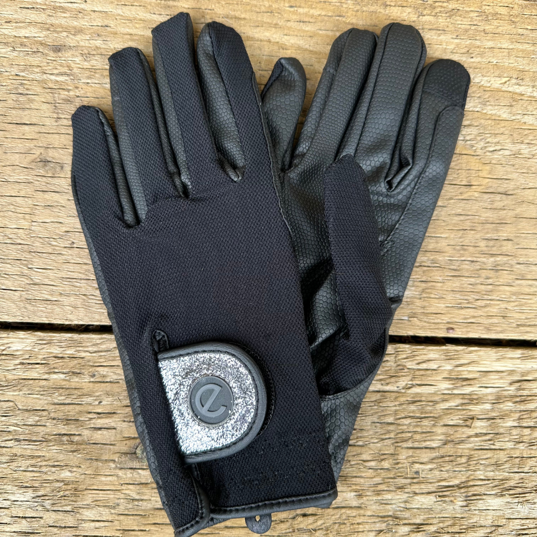 eQUEST GripPro X-LITE Lightweight Equestrian Gloves - Black & Silver Glitter