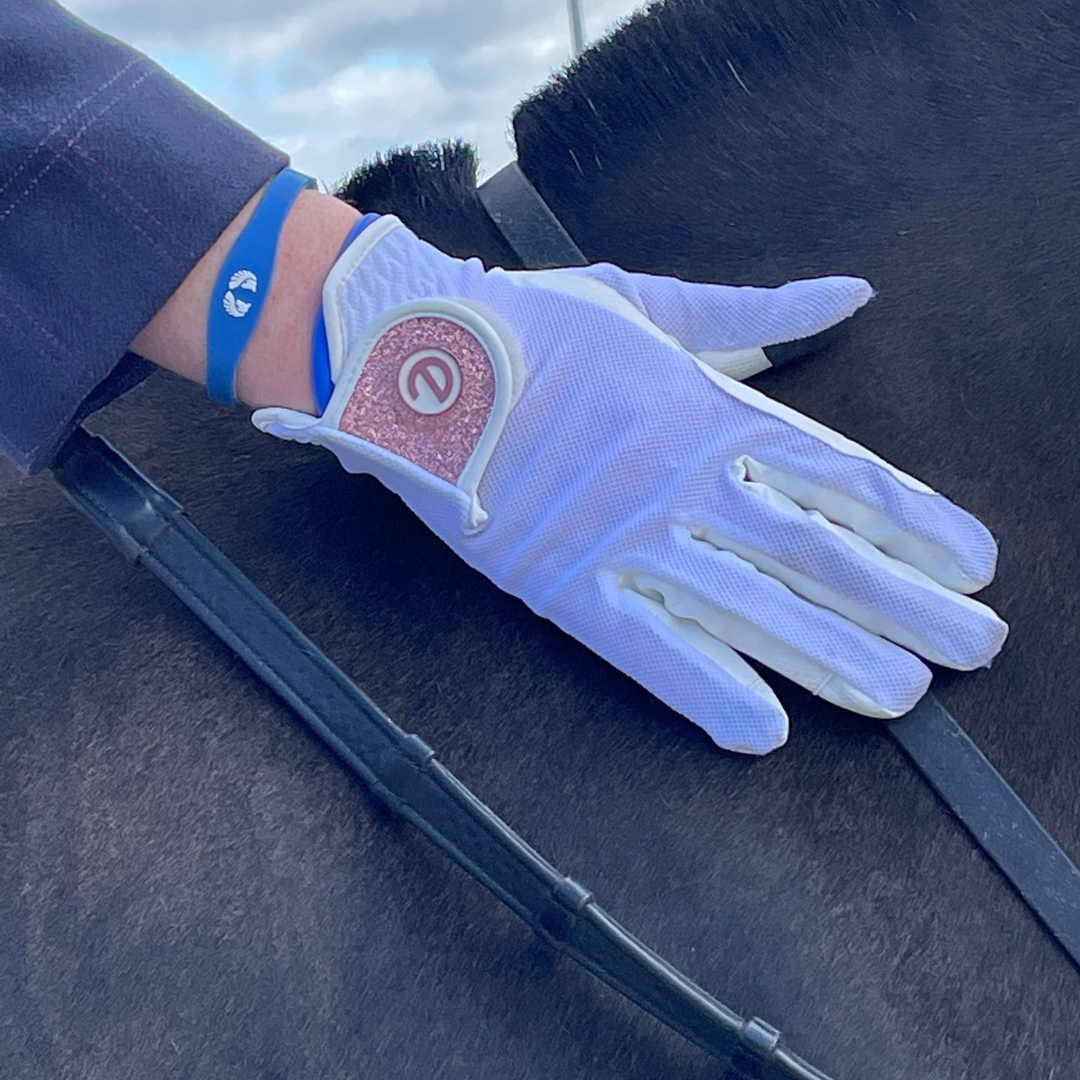 eQUEST GripPro X-LITE Lightweight Equestrian Gloves - White & Rose Gold Glitter