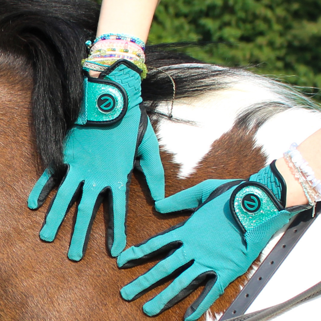 eQUEST GripPro X-LITE Lightweight Equestrian Gloves - Alpine Green - Glitter Cuff