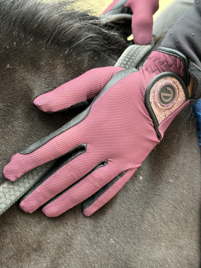 eQUEST GripPro X-LITE Lightweight Equestrian Gloves - Merlot - Glitter Cuff