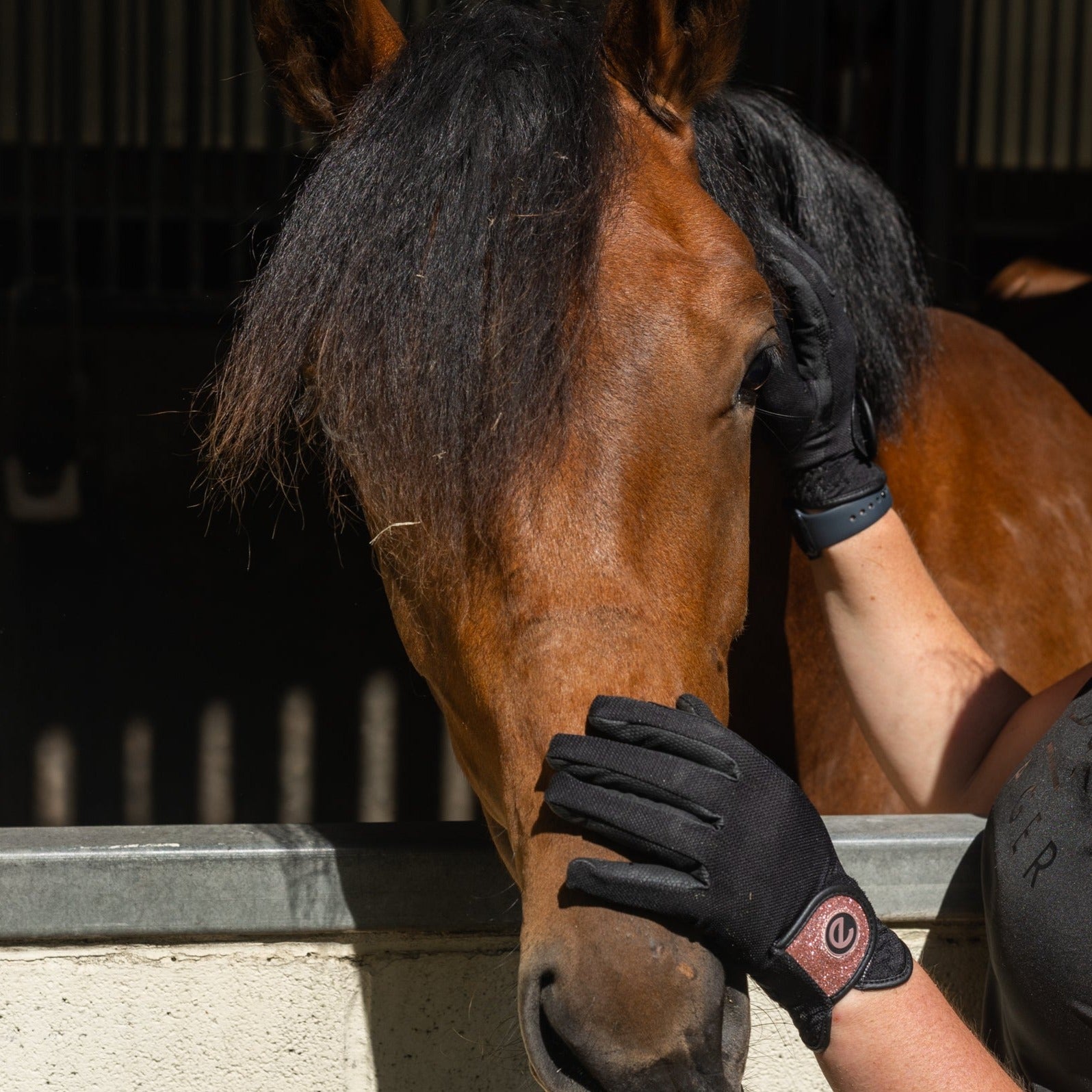 eQUEST GripPro X-LITE Lightweight Equestrian Gloves - Black & Rose Gold Glitter