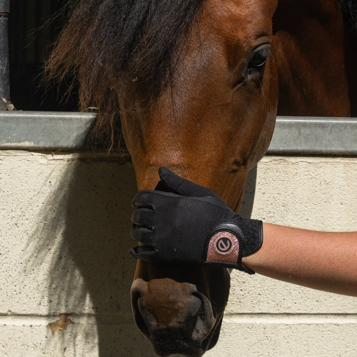 eQUEST GripPro X-LITE Lightweight Equestrian Gloves - Black & Rose Gold Glitter