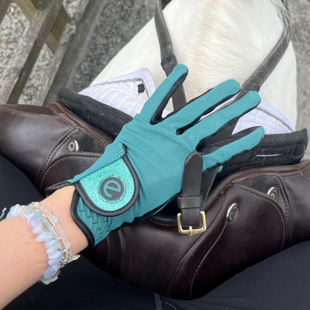 eQUEST GripPro X-LITE Lightweight Equestrian Gloves - Alpine Green - Glitter Cuff