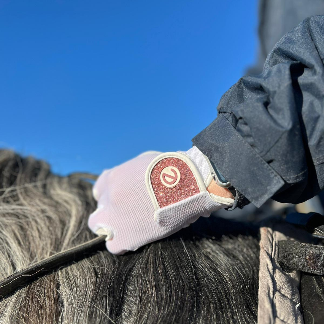 eQUEST GripPro X-LITE Lightweight Equestrian Gloves - White & Rose Gold Glitter