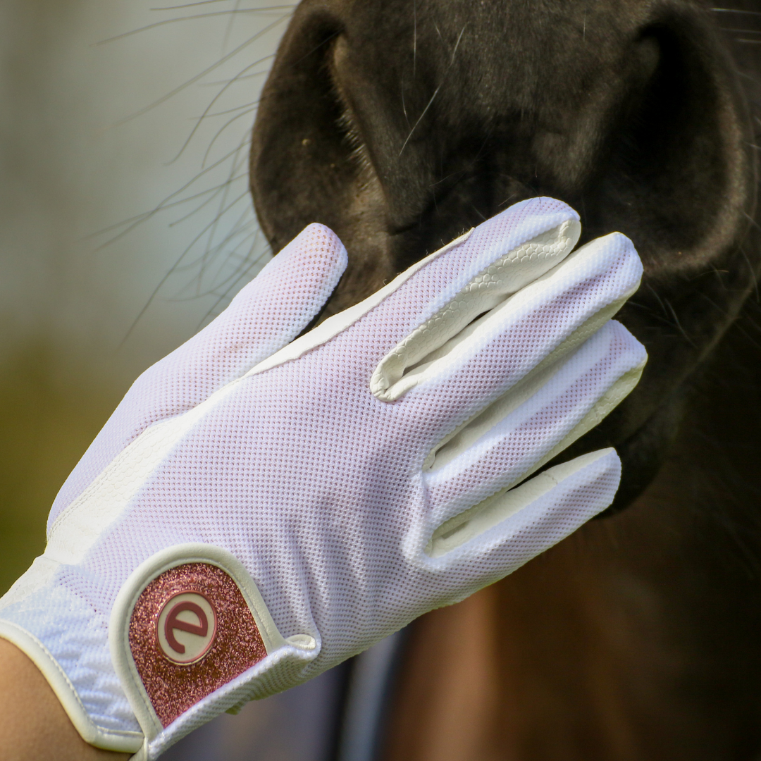 eQUEST GripPro X-LITE Lightweight Equestrian Gloves - White & Rose Gold Glitter