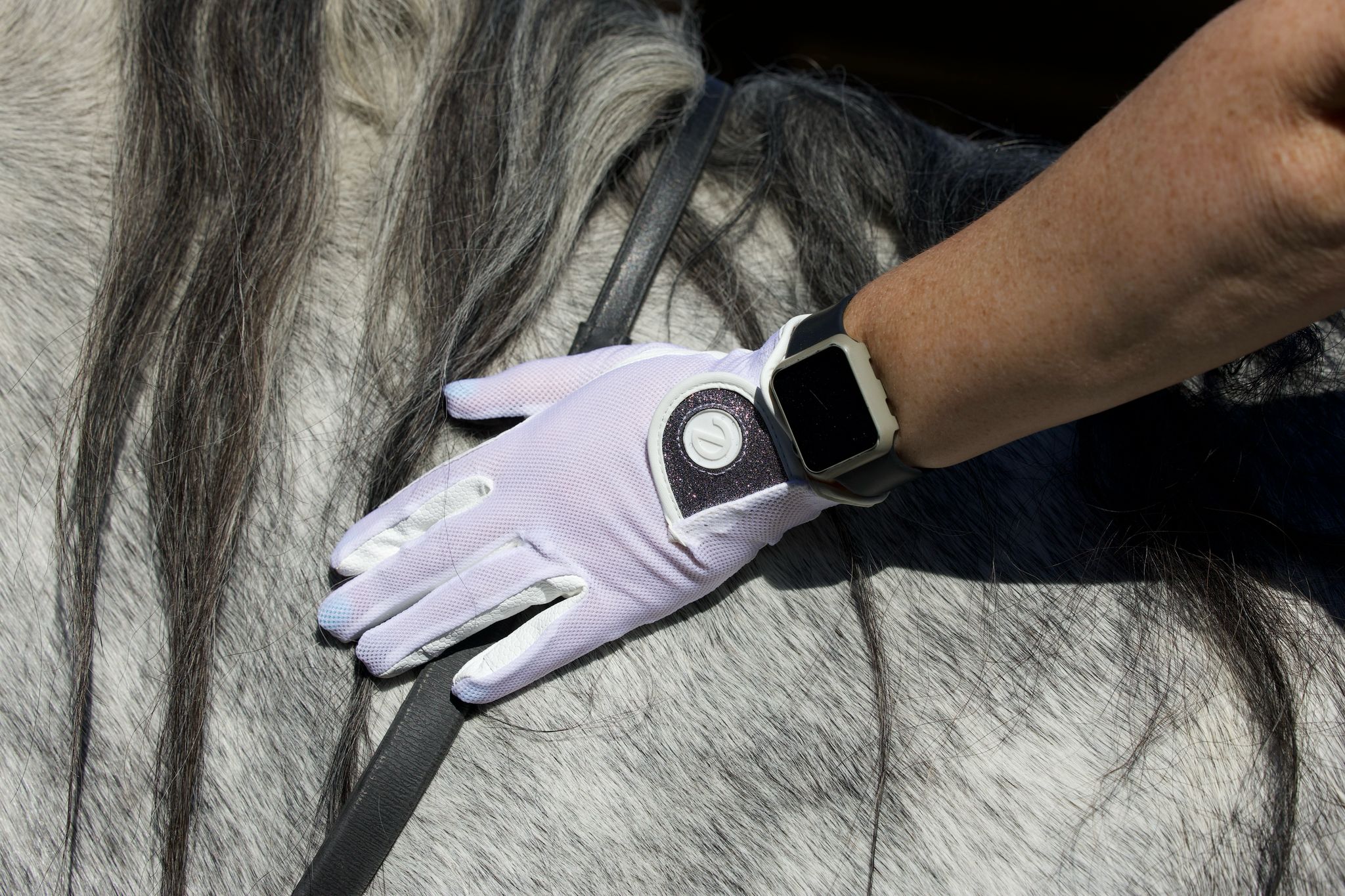 eQUEST GripPro X-LITE Lightweight Equestrian Gloves - White & Silver Glitter